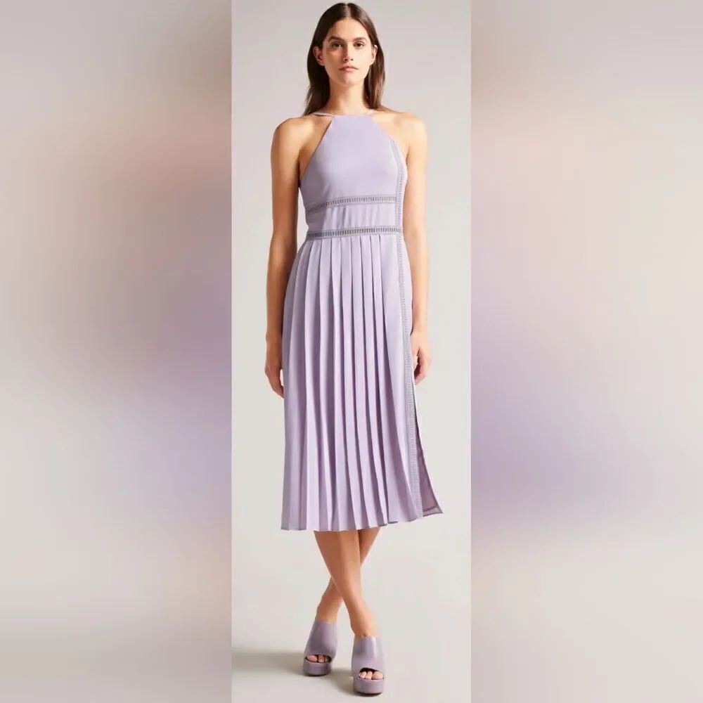 Ted Baker Camylie Lace Insert Asymmetric Pleat Midi Dress NWT sz 2 lilac purple
